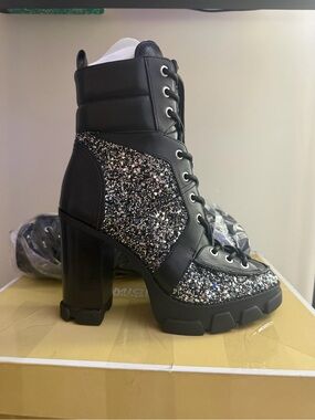 Michael Kors Black Glitter Lace-Up Block Heel Combat Boots